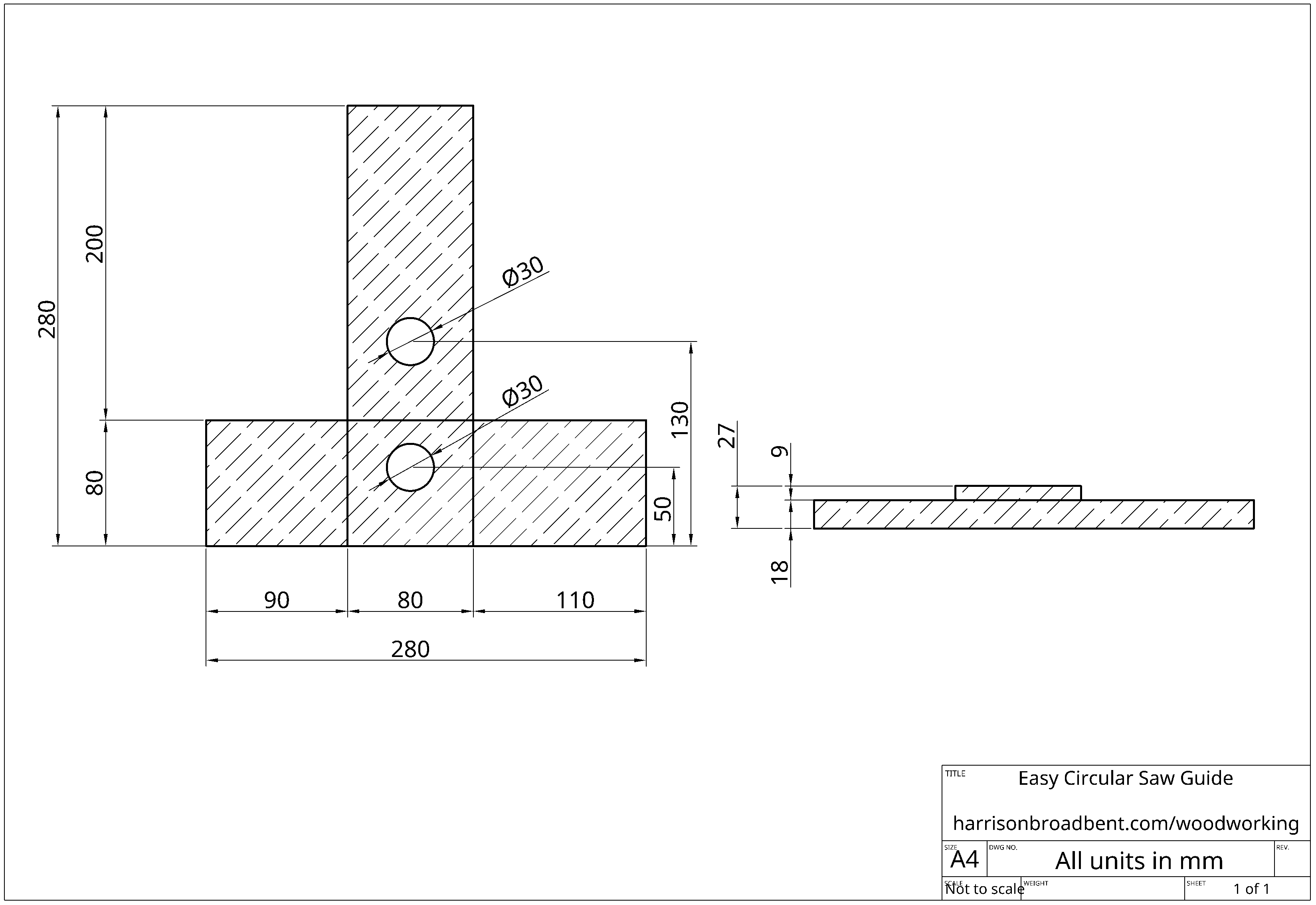 Technical drawing of a simple circular saw guide